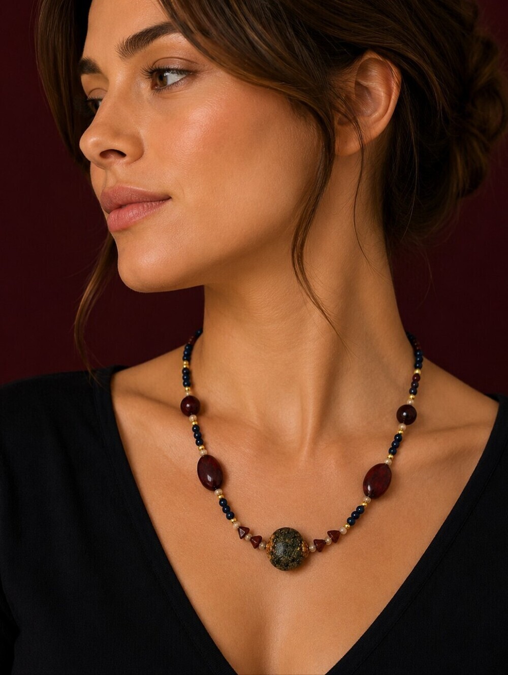 HANDMADE Garnet Jade Czech Glass Beaded Collar Necklace